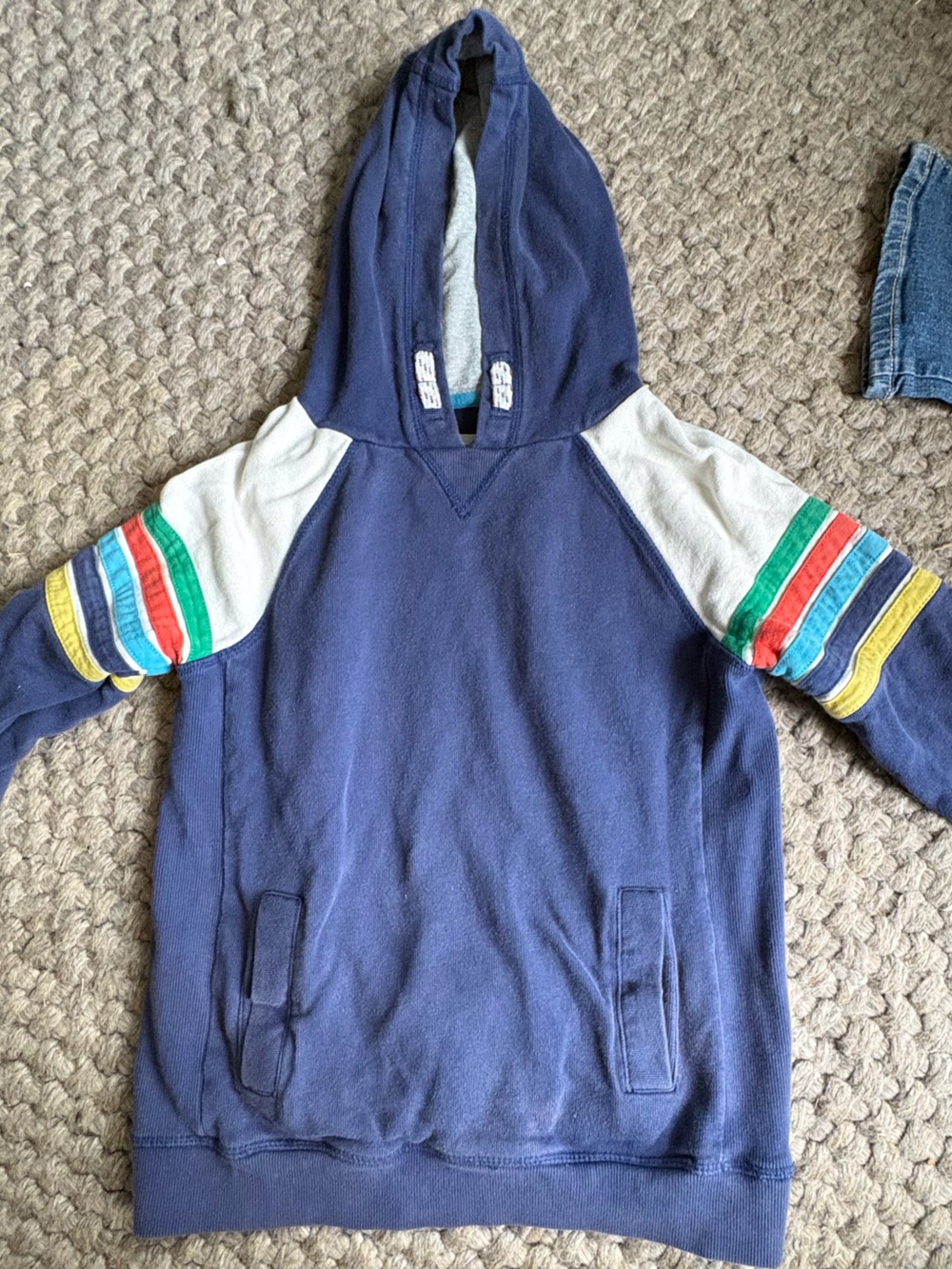 Boden Navy Hooded Sweatshirt with Multi-Color Stripe Sleeves